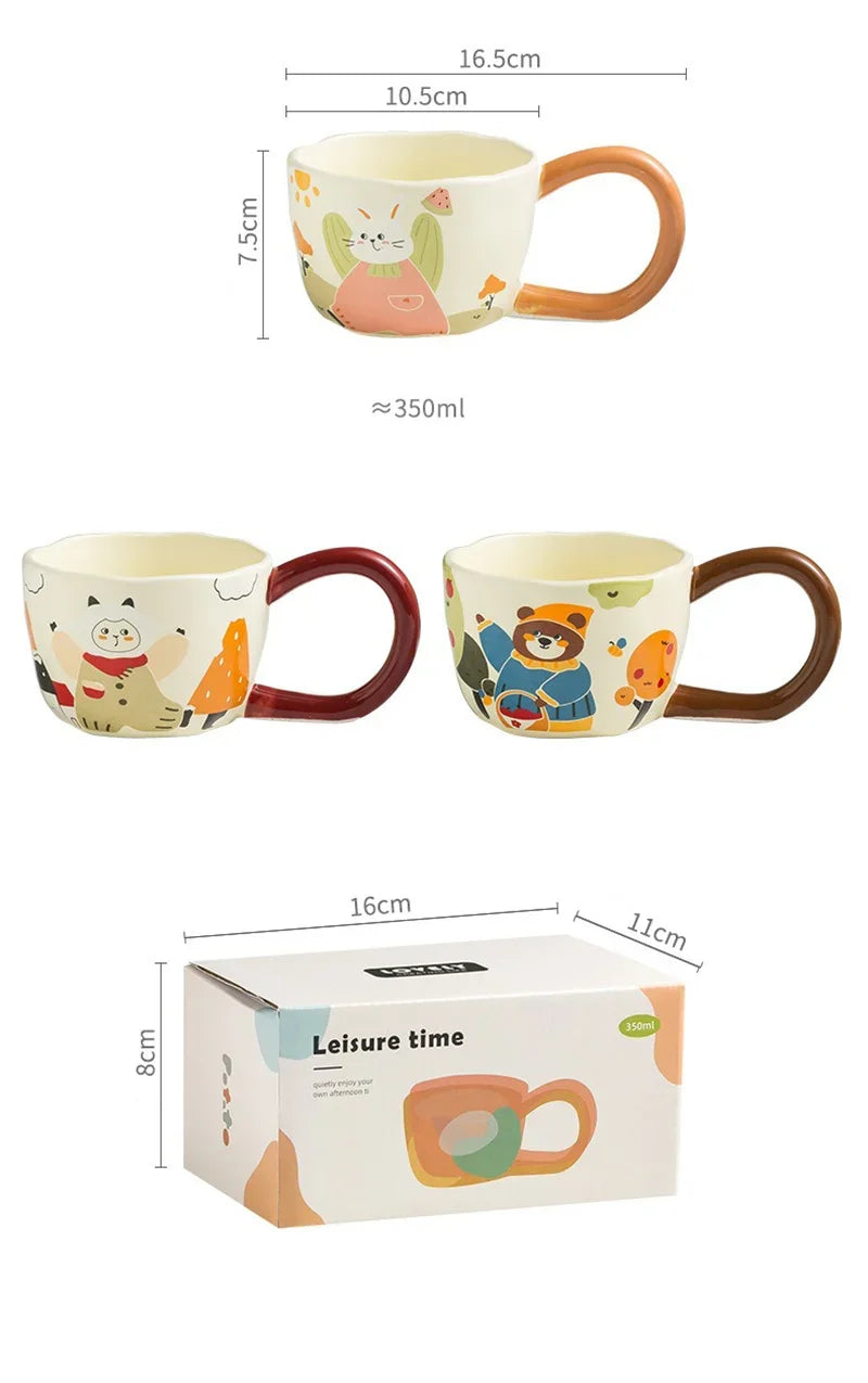 350ML Cartoon Hand Painted Bunny bear Coffee Cups Irregular Ceramic Mug Large Handle Home Office Milk Water Cup Kid's Gifts