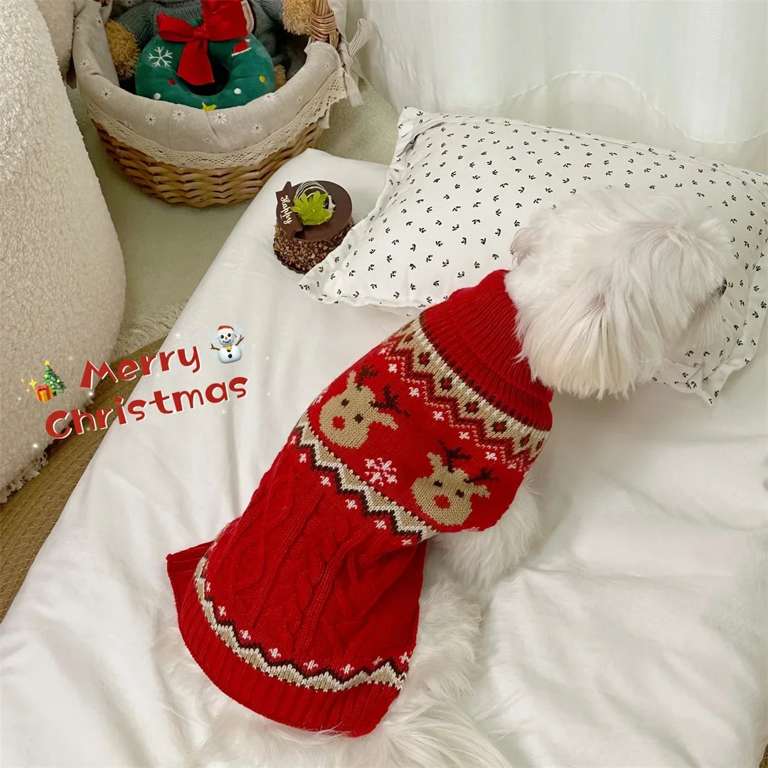 Christmas Dog Sweater with Reindeer Pattern, Red Green High Neck Pullover for Dogs Cats, Warm Winter Puppy Clothes Holiday Wear