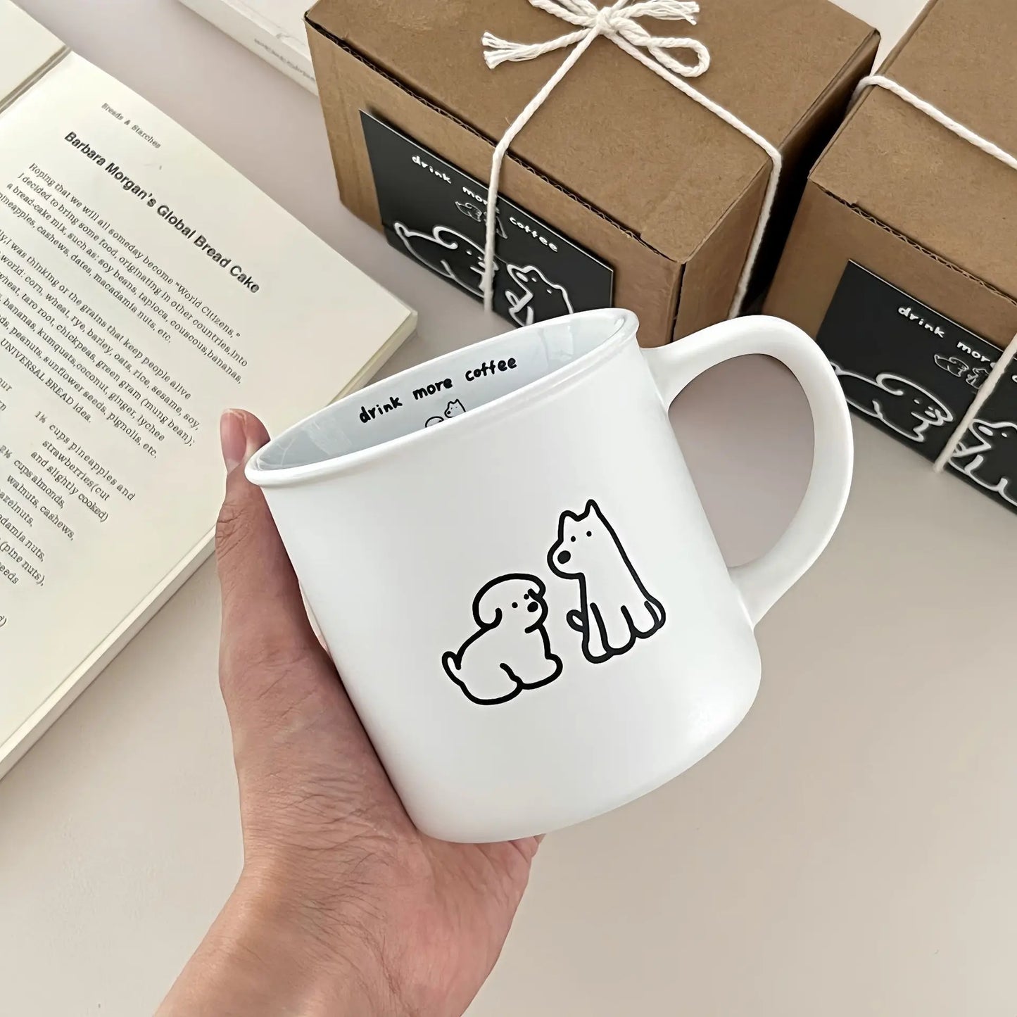 Premium Frosted Small Dog Mark Cup, Korean INS Breakfast Coffee Cup, Ceramic Cup Black and White Couple Cup Gift Box Set