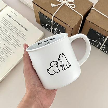 Premium Frosted Small Dog Mark Cup, Korean INS Breakfast Coffee Cup, Ceramic Cup Black and White Couple Cup Gift Box Set