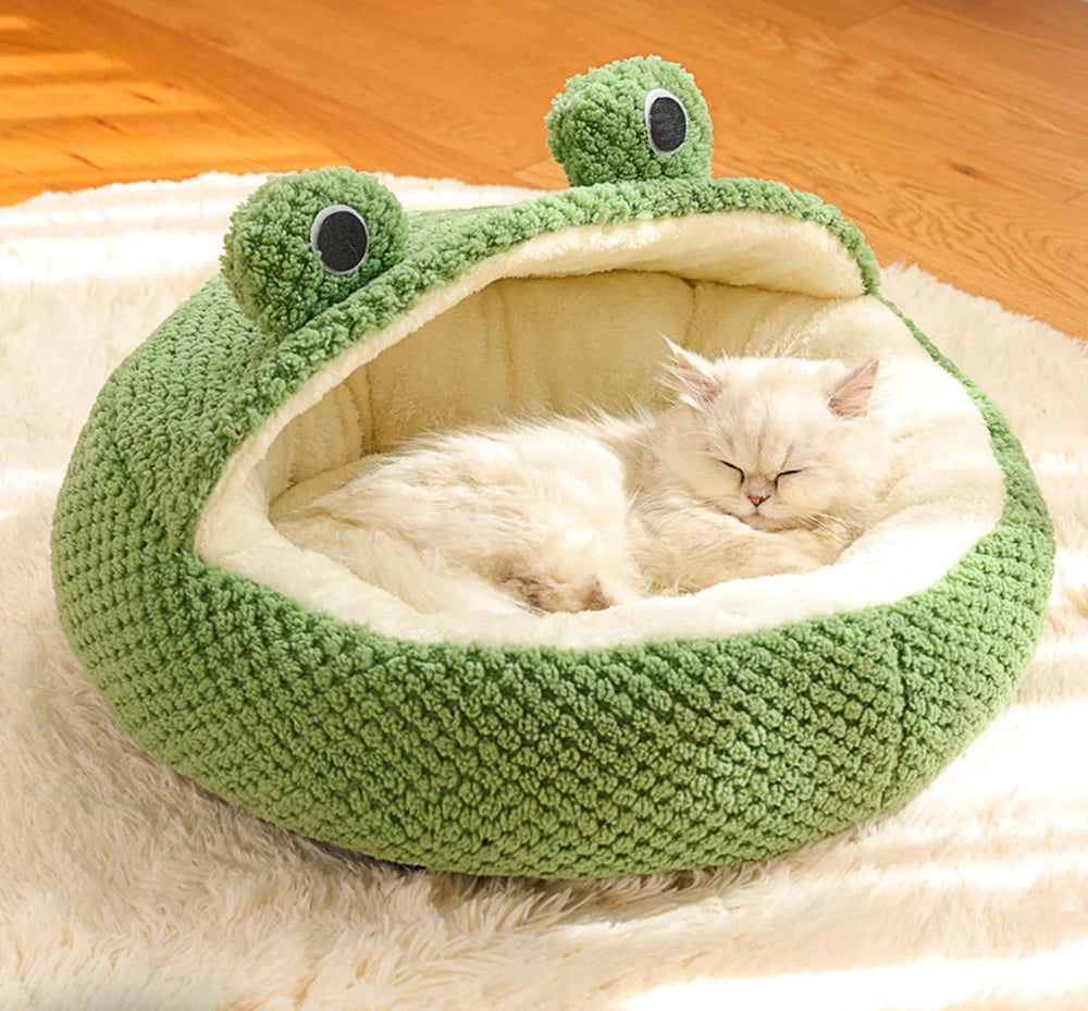 Pet Bed for Small Dogs Cats, Winter Warm Plush Round Puppy Bed Green Cartoon Frog Design Dog Nest Cat Basket