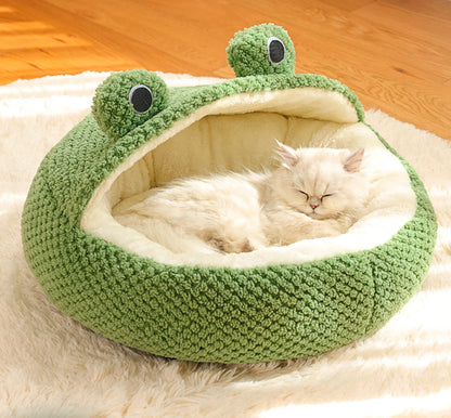 Pet Bed for Small Dogs Cats, Winter Warm Plush Round Puppy Bed Green Cartoon Frog Design Dog Nest Cat Basket