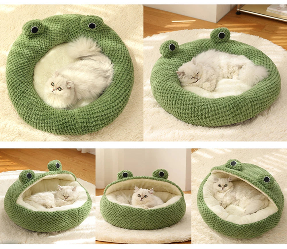Pet Bed for Small Dogs Cats, Winter Warm Plush Round Puppy Bed Green Cartoon Frog Design Dog Nest Cat Basket