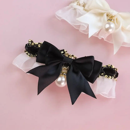 the PEARL COLLAR - Cute Dog Collar, Lace Bowknot Pearl Cat/Dog Necklace, Sweet Neck Decoration, Elegant Gentle Puppy Necktie, Kitten Bibs, Pet Supplies