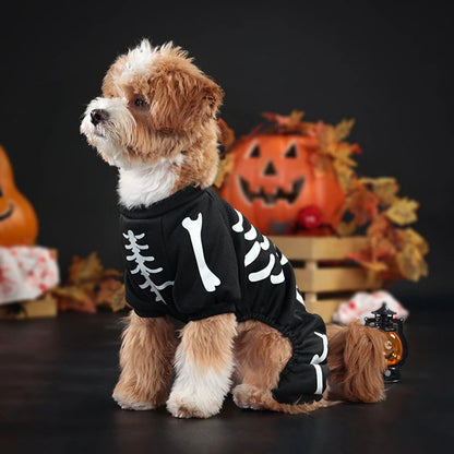 Halloween Dog Costume Glow-in-the-Dark Skeleton Bone Design Dog Clothes Cozy Polyester Jumpsuit for Small to Medium Breeds