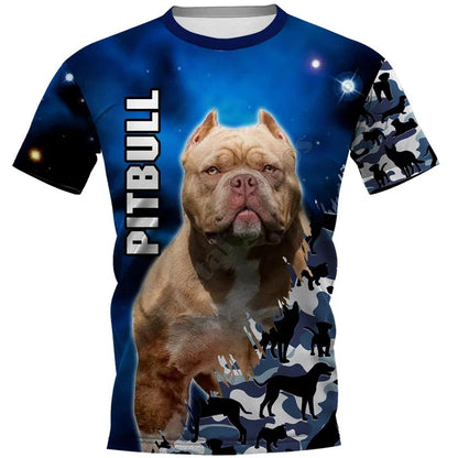the BLUE SPACE DOGS - Amstaff Pitbull Dog T-Shirt, Men's 3D Doggy Printed Tee Shirts, Women's Clothing, Summer Kids Casual Tops Tees Short Sleeve