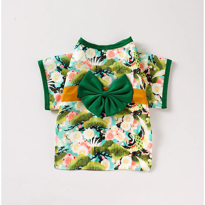 Adorable Brocade Pet Kimono Dress Japanese Style Pet Dress Floral Bowknot Pet Costume for Dogs Cats