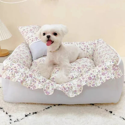 Pet House Bed Cats Small Dog Sofa Cat Nest Rural Style Pure Cotton with Lotus Leaf Edges Detachable and Washable Pet Supplies
