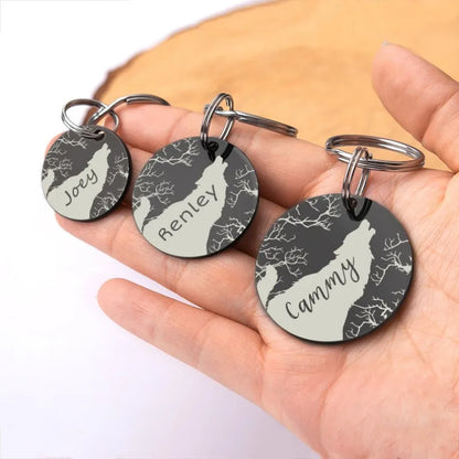 the LONEPAW WOODLAND ID - Custom Wolf and Tree Pet ID Tag, Personalized Free Engraved Keychain for Cat/Puppy/Dog Tag, Pendant Keyring Round Pet Accessories