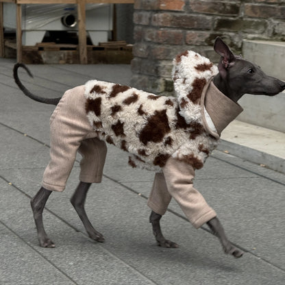 Hooded Leopard Sweater for Dogs in Winter Soft 4-legged False Two Fleece Coat for Greyhounds Warm High-neck Jumpsuit for Whippet