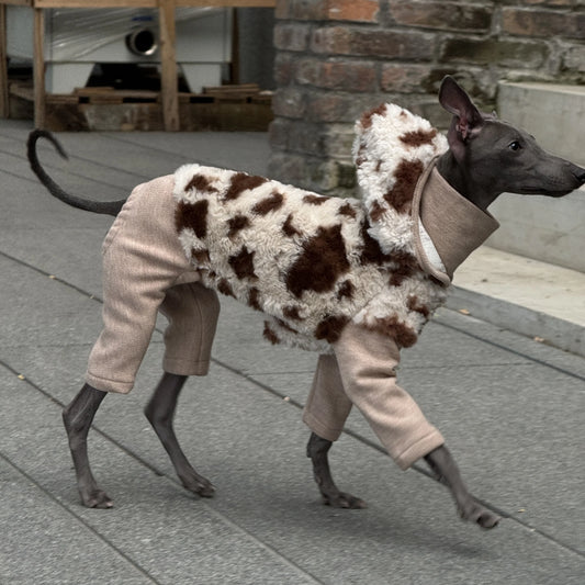 Hooded Leopard Sweater for Dogs in Winter Soft 4-legged False Two Fleece Coat for Greyhounds Warm High-neck Jumpsuit for Whippet
