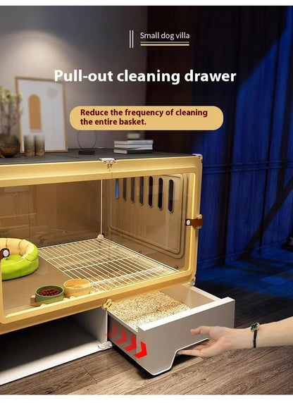 the LUXURY PET VILLA - Luxury Metal Small Dog Crate: 1-Bed-1-Living-1-Bath Villa, Separated Toilet, Indoor Integrated Doghouse/Cathouse