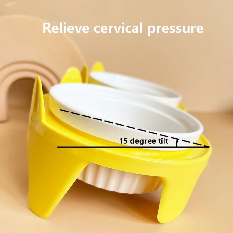 Cat Bowl Ceramic Double Bowl Water Bowl Cervical Protection High Foot Diagonal Cat Food Pot Drinking Pet Dish Pet Supplies