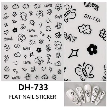 3D Flat Cute Cartoon Nail Stickers Doodle Cat Dog Heart Star Flower Nail Art Stickers Women DIY Manicure Decoration Decals