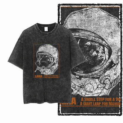 the SPACE TRAILBLAZER - DCA Laika Dog Printed Acid Washed Cotton Streetwear Exclusive Graphic Unisex T-Shirt, Cool Vintage Men T-Shirts