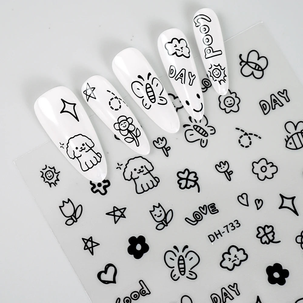 3D Flat Cute Cartoon Nail Stickers Doodle Cat Dog Heart Star Flower Nail Art Stickers Women DIY Manicure Decoration Decals