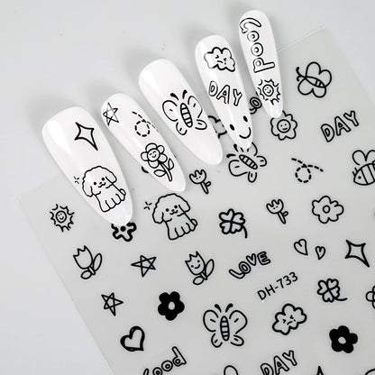 3D Flat Cute Cartoon Nail Stickers Doodle Cat Dog Heart Star Flower Nail Art Stickers Women DIY Manicure Decoration Decals