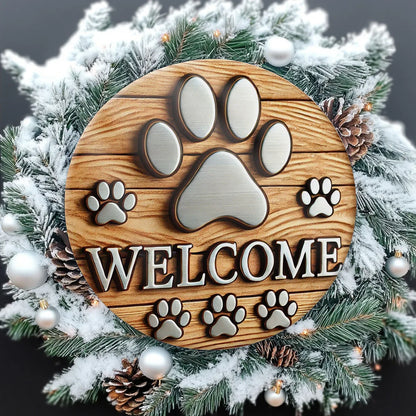 1Pc 2D Flat Printing Cute Dog Paw Wooden Welcome Sign,For Homes, Bars, Garages, Cafes and Gardens, ideal Housewarming Gifts