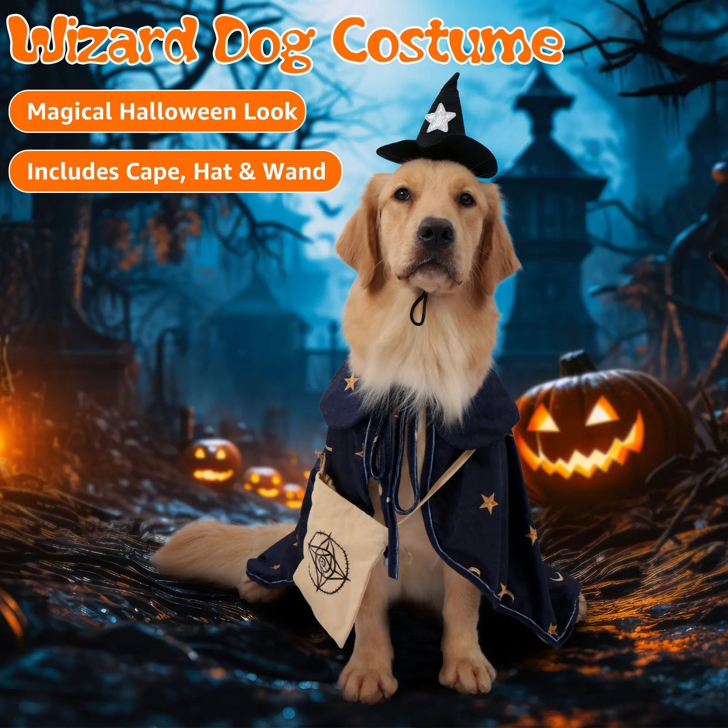 Deluxe Dog Halloween Outfit with Attached Treat Pocket Cape and Matching Hat for small middle Large Breeds