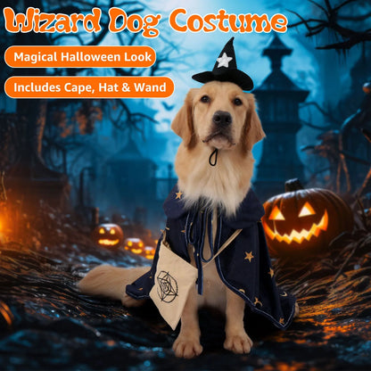Deluxe Dog Halloween Outfit with Attached Treat Pocket Cape and Matching Hat for small middle Large Breeds