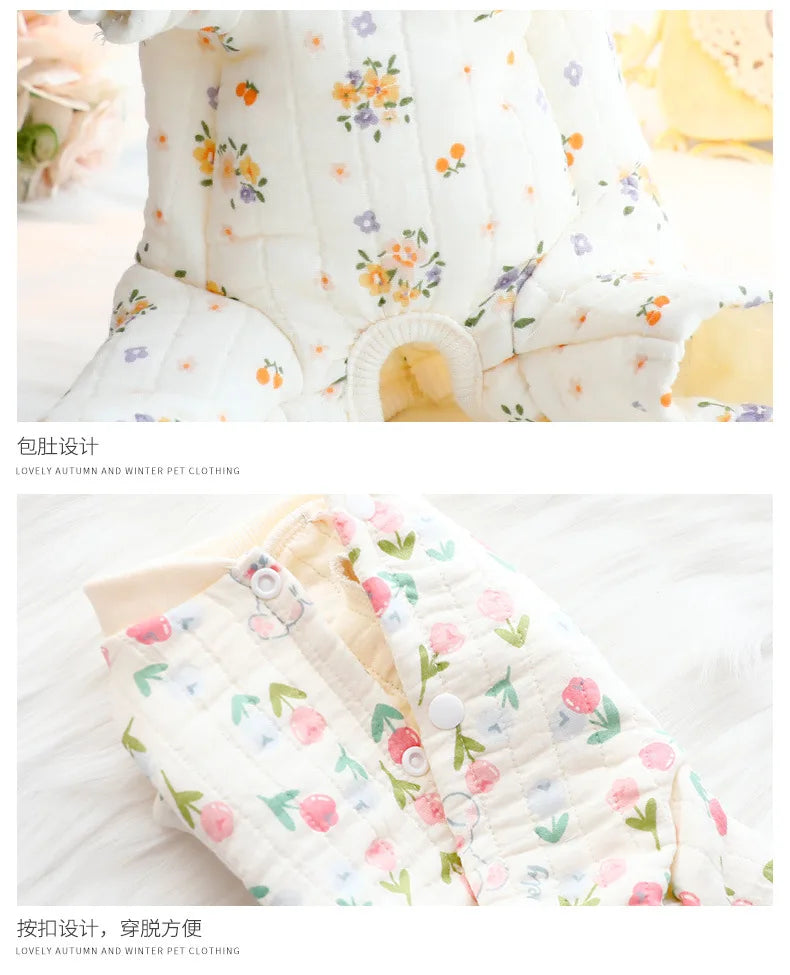 Dog Clothes Autumn and Winter Floral Double-layer To Protect The Belly Four Legged Small Dog Teddy Bear Pet Puppy Clothes