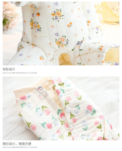 Dog Clothes Autumn and Winter Floral Double-layer To Protect The Belly Four Legged Small Dog Teddy Bear Pet Puppy Clothes