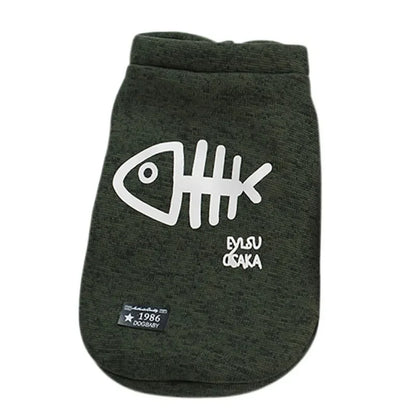 Cute Fleece Pet Clothes Fish Bone Pattern Warm Dog Hoodie Sweater Autumn Winter Dog Vest Button Dogs Short Sleeve Jacket Vest