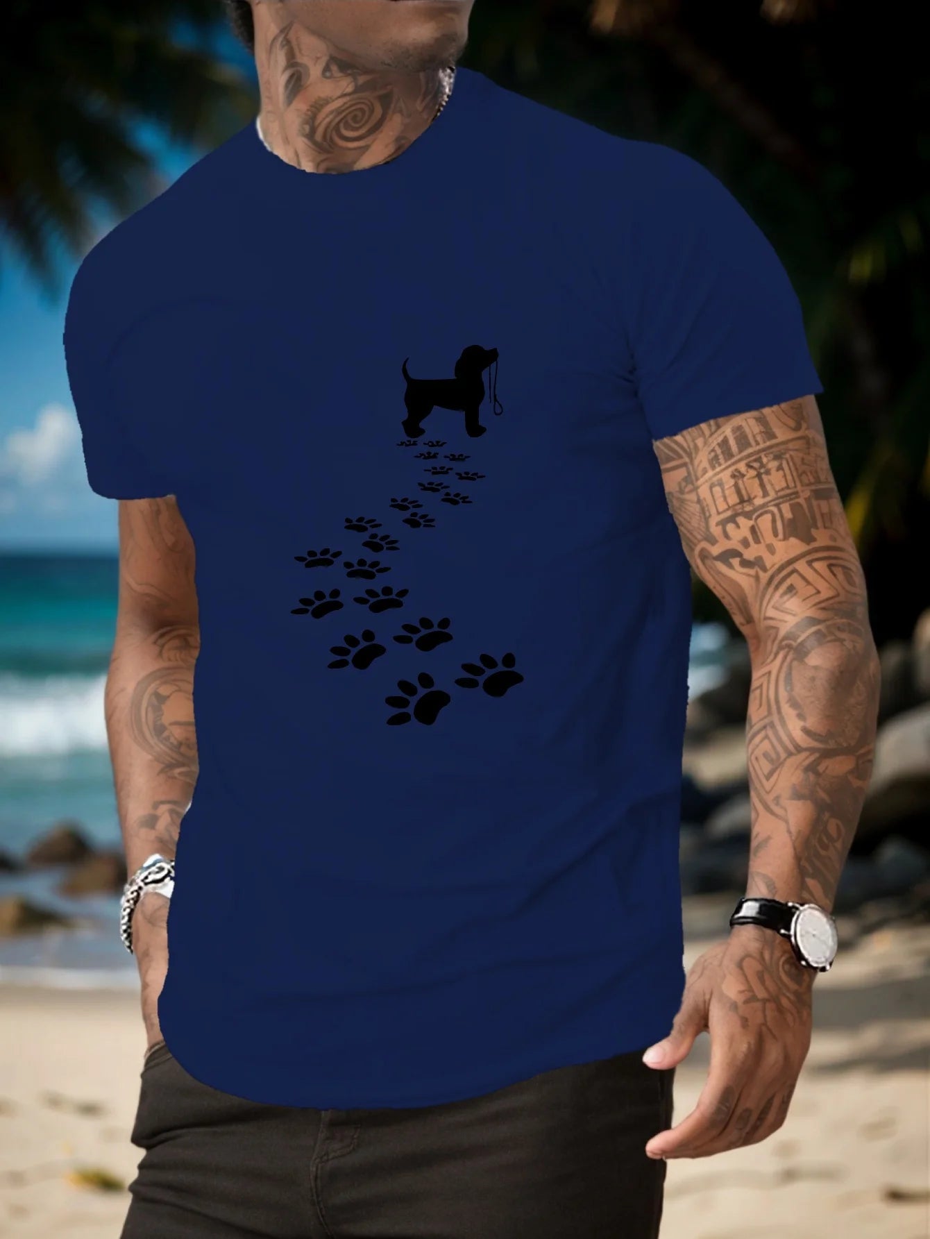 the WALK PLEASE -Men's Summer 100% Cotton Fashionable Casual Sports Loose Fit Dog Paw Print Round Neck Short Sleeved T-Shirt Top
