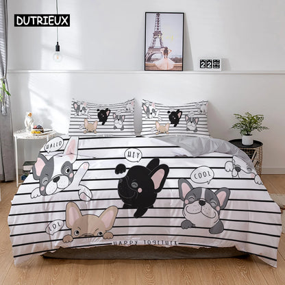 the PRINTED PET DUVET - 3D Dog Bedding Set, Cute French Bulldog Puppy Duvet Cover Sets, Cartoon Bed Cover, Pet Animals Home Textiles, Queen 2/3Pcs King Full