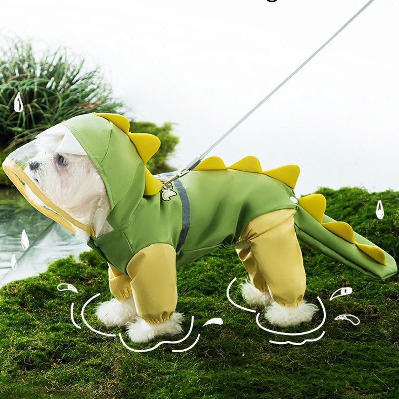 the DINO-DOG - Cute Dinosaur Raincoat Leashable Bichon Frise Four Legs Waterproof Clothes, Pet Rain Reflective Hoodie