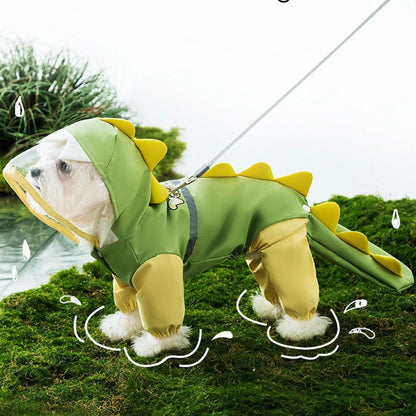 the DINO-DOG - Cute Dinosaur Raincoat Leashable Bichon Frise Four Legs Waterproof Clothes, Pet Rain Reflective Hoodie