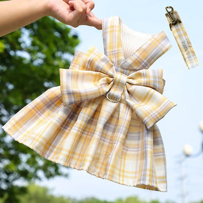 Reusable with Leash Traction Dog Plaid JK Dress Thin Dacron Pet Harness Skirt Washable Comfortable Dog Bow Skirt Puppy