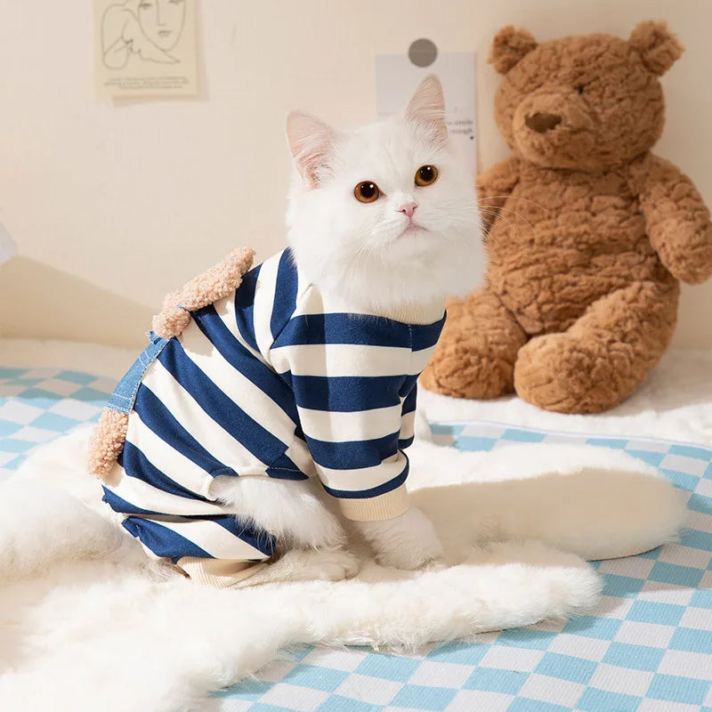 Thin Dog Clothes for Small Dogs Cute Bear Striped Dog Jumpsuit Pet Dog Coat Four Legs Dog Pajamas Kitten Puppy Sweatshirt Autumn