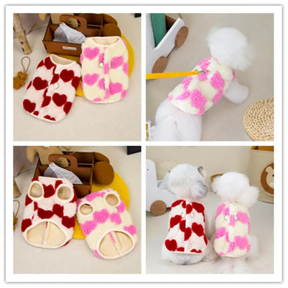 Thicken Sleeveless Dog Clothes Winter Jacket Warm Pink Red Fleece Heart Pet Clothes For Small Dog Vest Jacket Outfits Puppy Coat