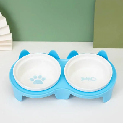 Cat Bowl Ceramic Double Bowl Water Bowl Cervical Protection High Foot Diagonal Cat Food Pot Drinking Pet Dish Pet Supplies