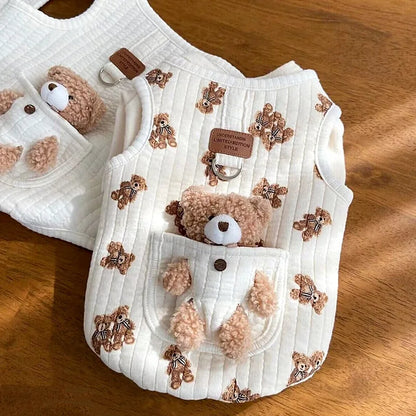 Winter New INS Cotton Dog Clothes Pocket Little Bear Cotton Jacket Vest Chest Back Pet Dog Cat Warm Printed Bear Sleeveless