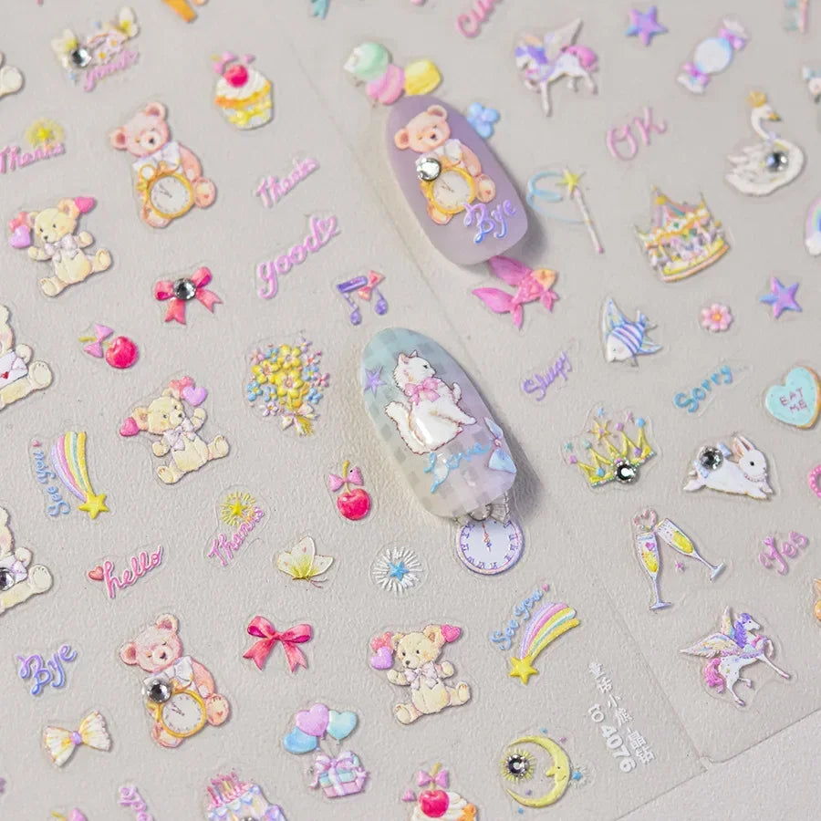 Graffiti Cat Claw Rabbit Bunny Bear Dog Flower Lovely Animal Fruit Dim Sum Candy Sunflower Adhesive 5D Nail Art Stickers Decal