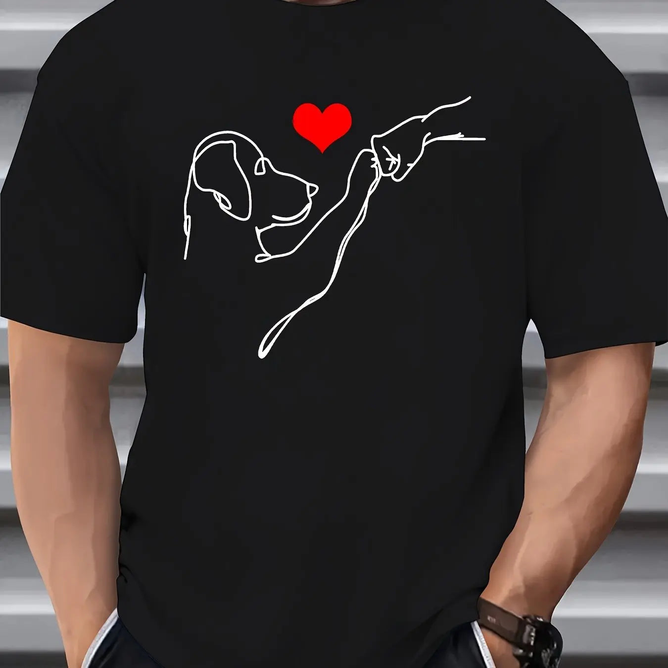 the LOVE PUNCH - Men's Summer 100% Cotton Fashionable Casual Loose Dog and Heart Pattern Printed Sports Round Neck Short Sleeve T-Shirt Top