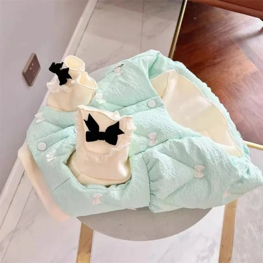 Pet Dog Clothes Ice Cream Color Coat Warm Winter Added Velvet Cotton Butterfly Bow Fluffy Skirt Teddy Bear Vest Dog Accessories