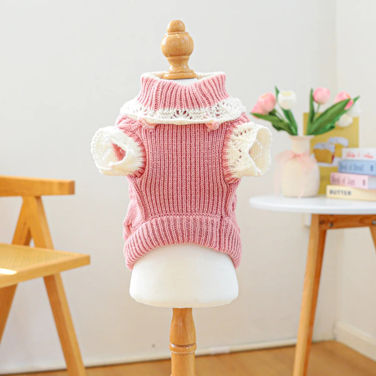 1PC Flower Sweater Pet Clothes Dog Cat Autumn Winter Thickened Warm Elastic Pink Pullover Knitted Sweater