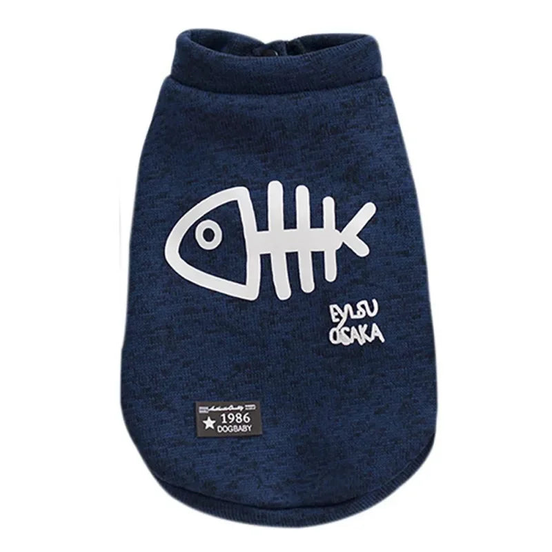 Cute Fleece Pet Clothes Fish Bone Pattern Warm Dog Hoodie Sweater Autumn Winter Dog Vest Button Dogs Short Sleeve Jacket Vest