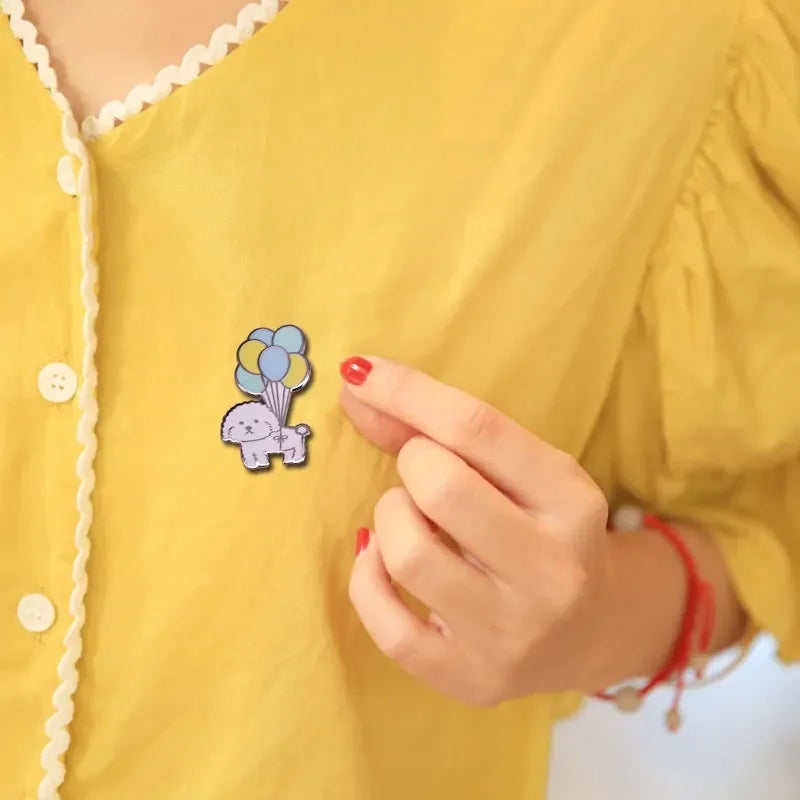 Vivi Dog with Balloons Enamel Pin Mini Puppy Bichon Frise Cute Dog Pet Brooch Badge