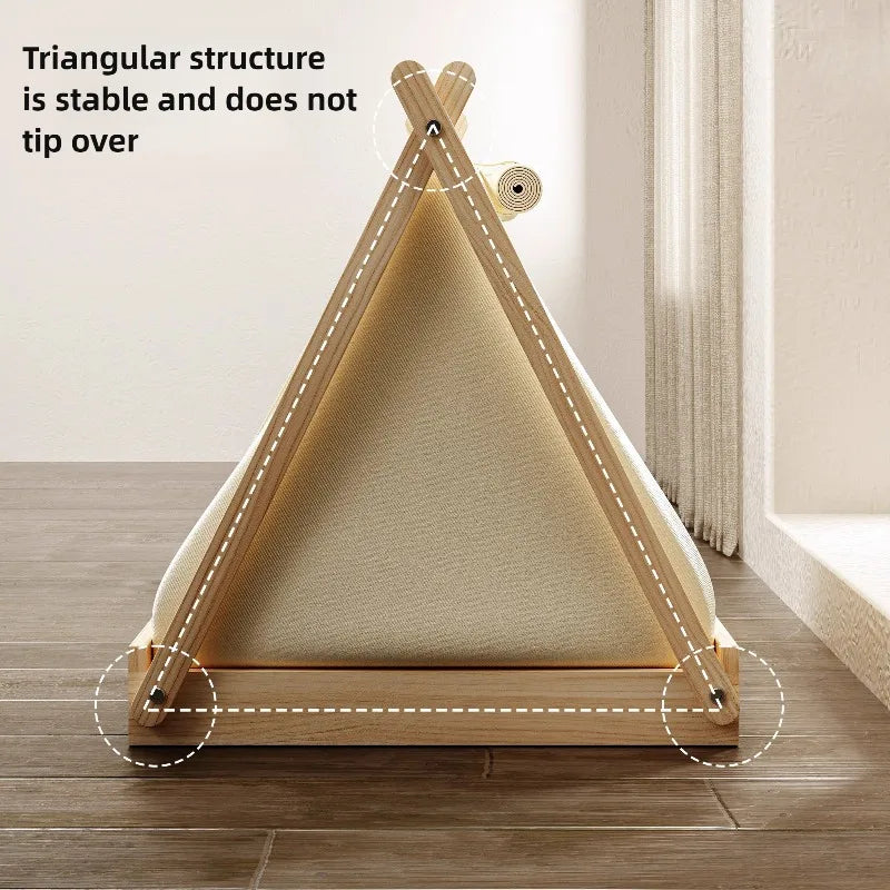 Indoor Dog Tent Pine Wood Dogs Tents Beds Cushion Removable Breathable Dog House Closed Moisture-proof Pet Cat Double Door Tent