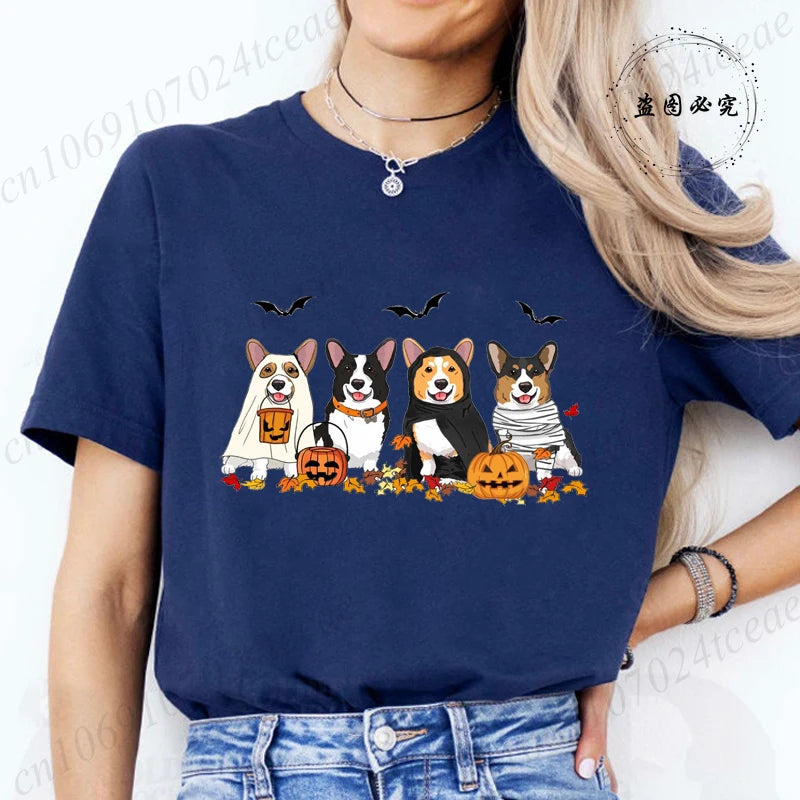 the COSTUME CANINES - Halloween Dog Fashion T-Shirt Tops, Women Harajuku Graphic Tees, Shirt Femme Corgi Dogs Halloween Women's T-Shirt