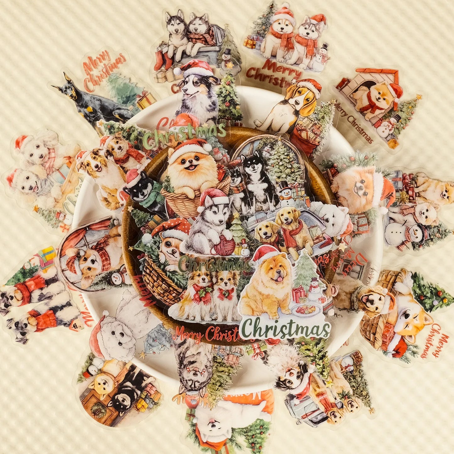 56PCS Christmas Dog Cartoon Stickers Transparent PET Material Holiday Account Refrigerator Decorative Stickers