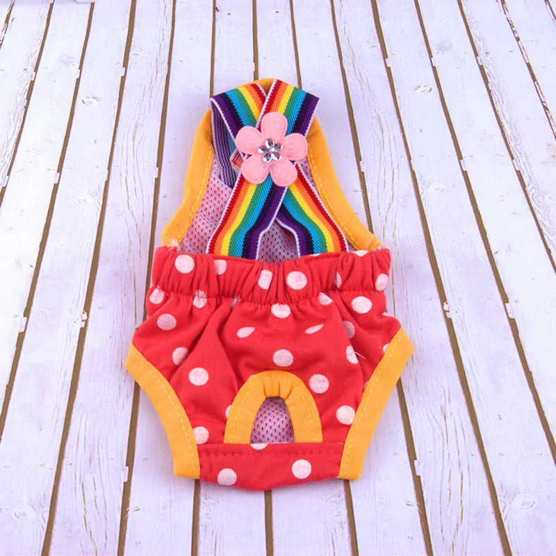 Adjustable Pet Diaper Pants for Female Dogs with Rainbow Suspenders Cute Polka Dot Puppy Sanitary Underwear Reusable Dog Shorts