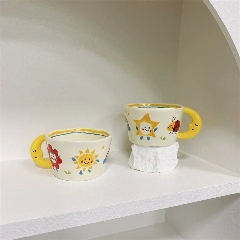 300ml Creative Cartoon Ladybug Dog Pattern Coffee Cup with Moon Handle Ceramic Mug Breakfast Milk Cups for Kids Birthday Gift
