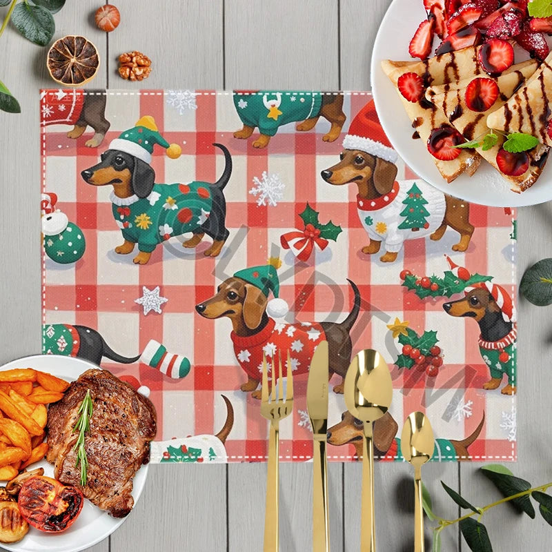 Christmas Snow Fun Dachshund Dog Table Mats for Kitchen Dinner Christmas Tree Coasters Coffee Tea Cup Pads Dish Placemat