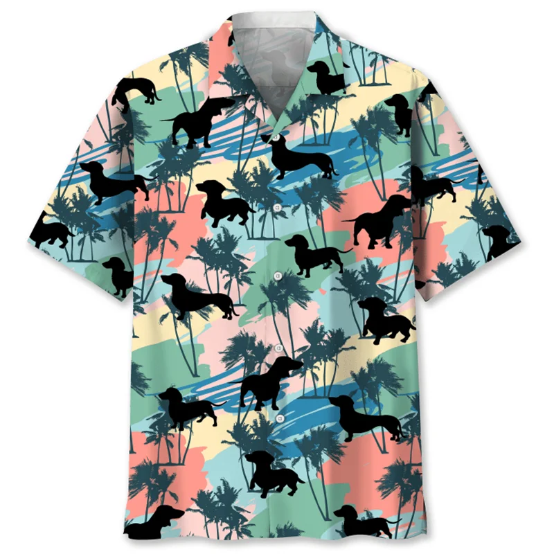 the DACHSHUND DOG DAY - Cartoon Dachshund Dog 3D Printed Shirt for Men, Animal Pets Graphics Short Sleeves Hawaiian Shirts, Tops Loose Lapel Blouse