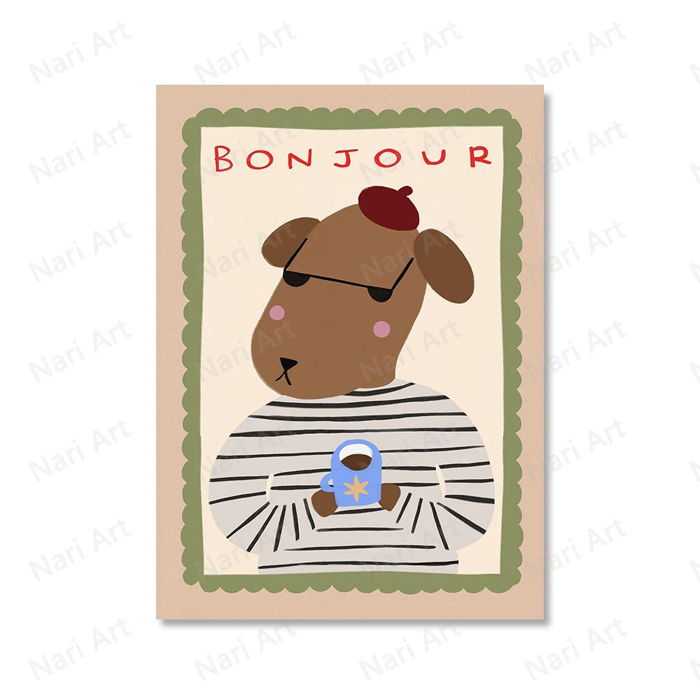 Funny Animals Tiger Bonjour Dog Bunny Skateboard Posters Prints Wall Art Canvas Painting Nursery Pictures for Kids  Room Decor
